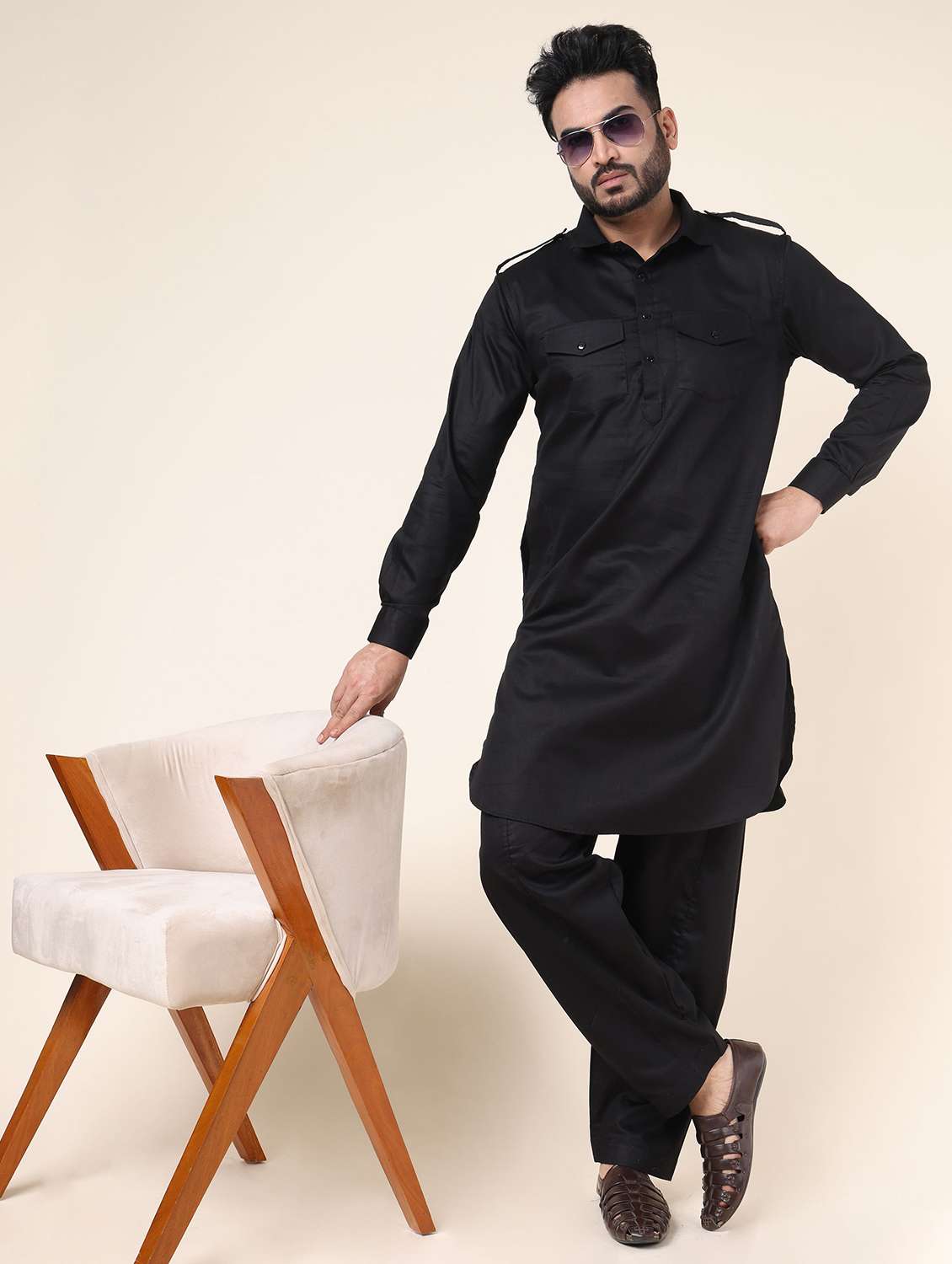 men solid long sleeve pathani ethnic wear set