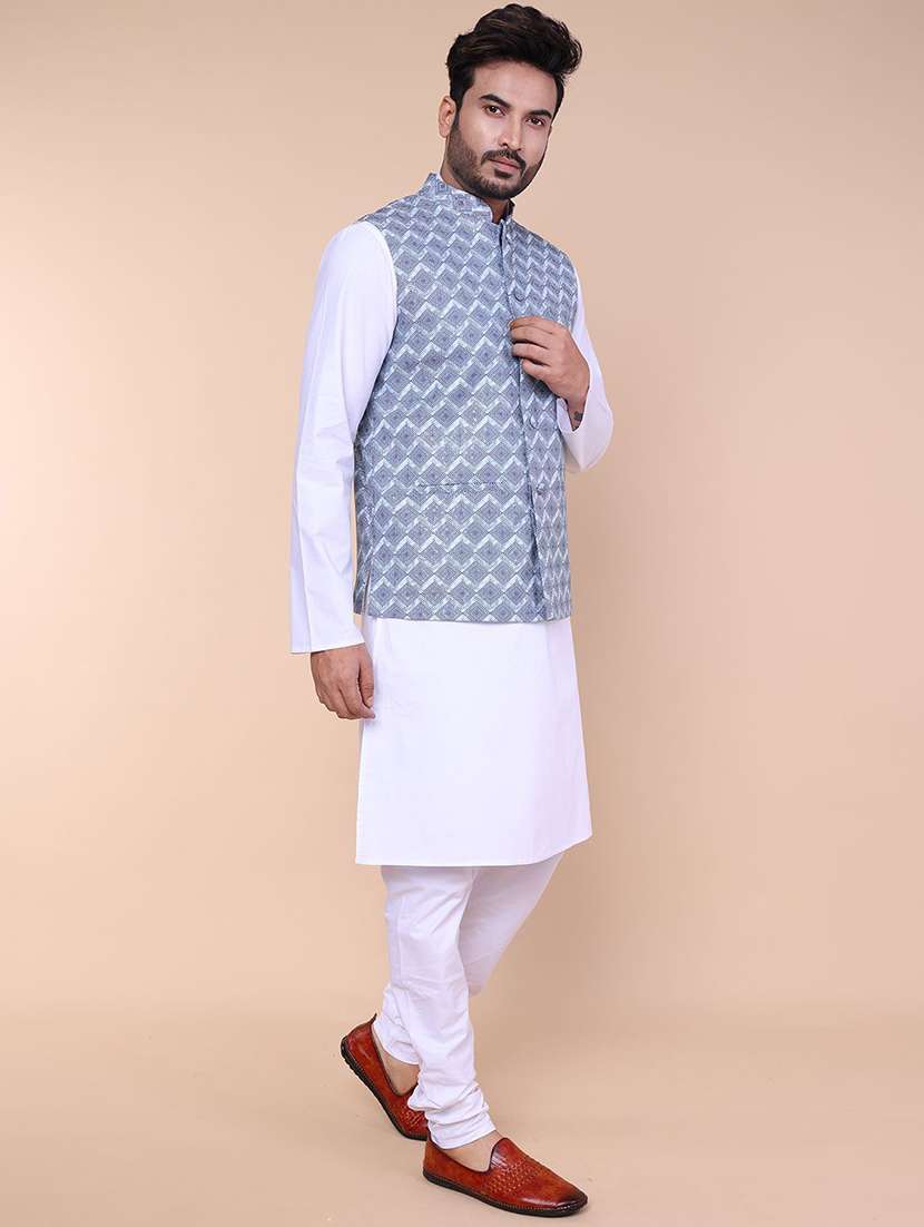 men solid mandarin neck kurta pyjama with jacket ethnic wear set - 22227990 -  Standard Image - 2