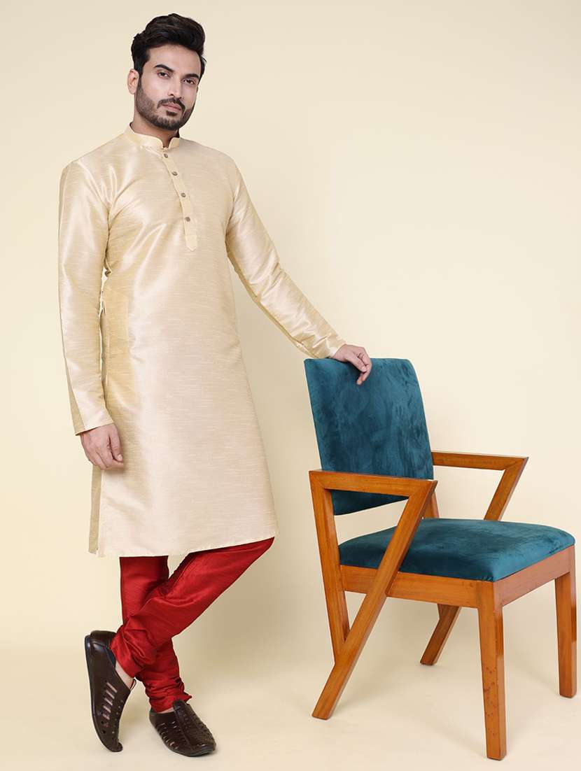men solid long sleeve kurta churidar ethnic wear set