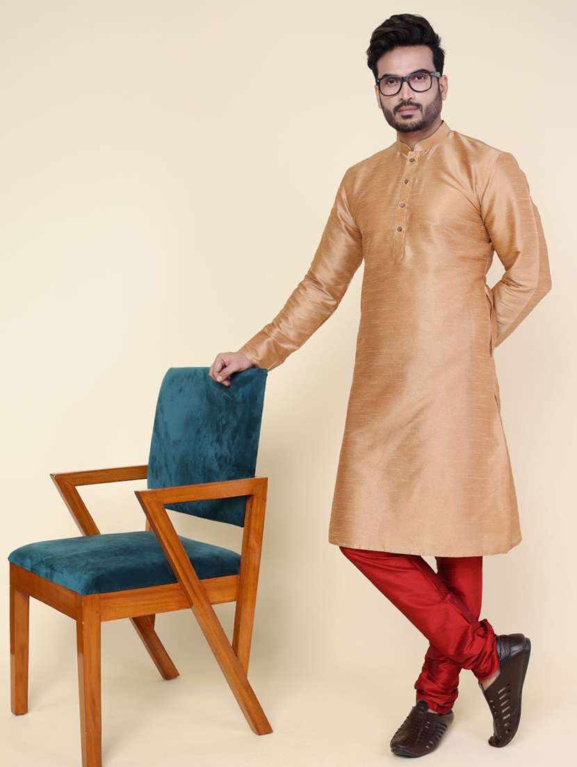 men solid long sleeve kurta churidar ethnic wear set