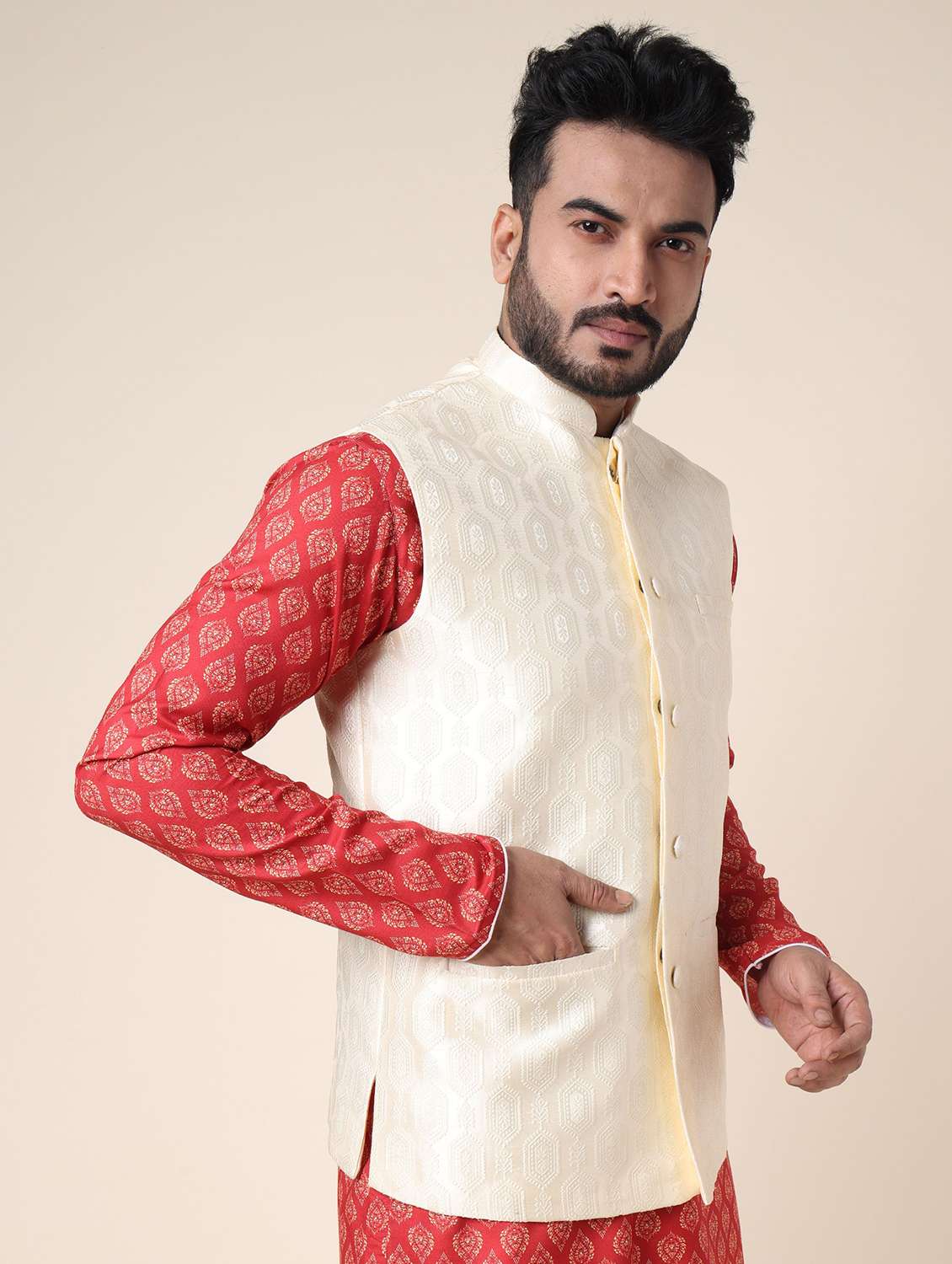 men printed mandarin neck kurta pyjama with jacket ethnic wear set - 22228002 -  Standard Image - 2
