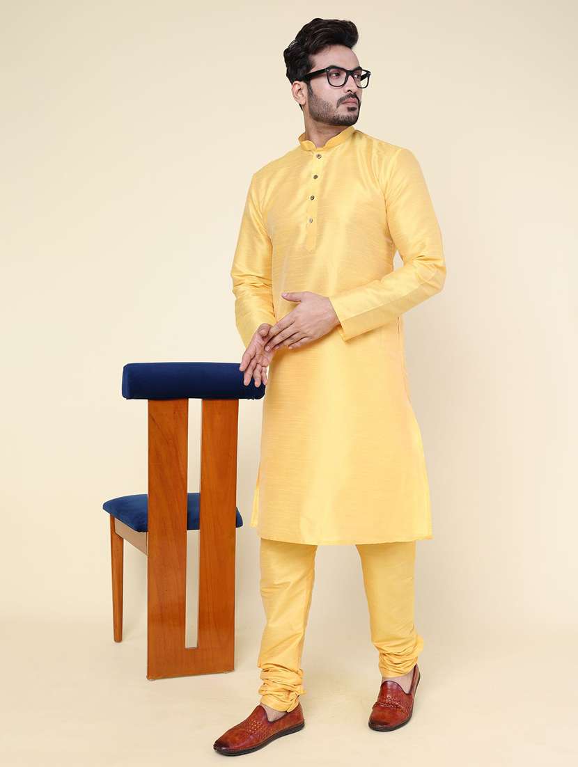 men solid long sleeve kurta churidar ethnic wear set
