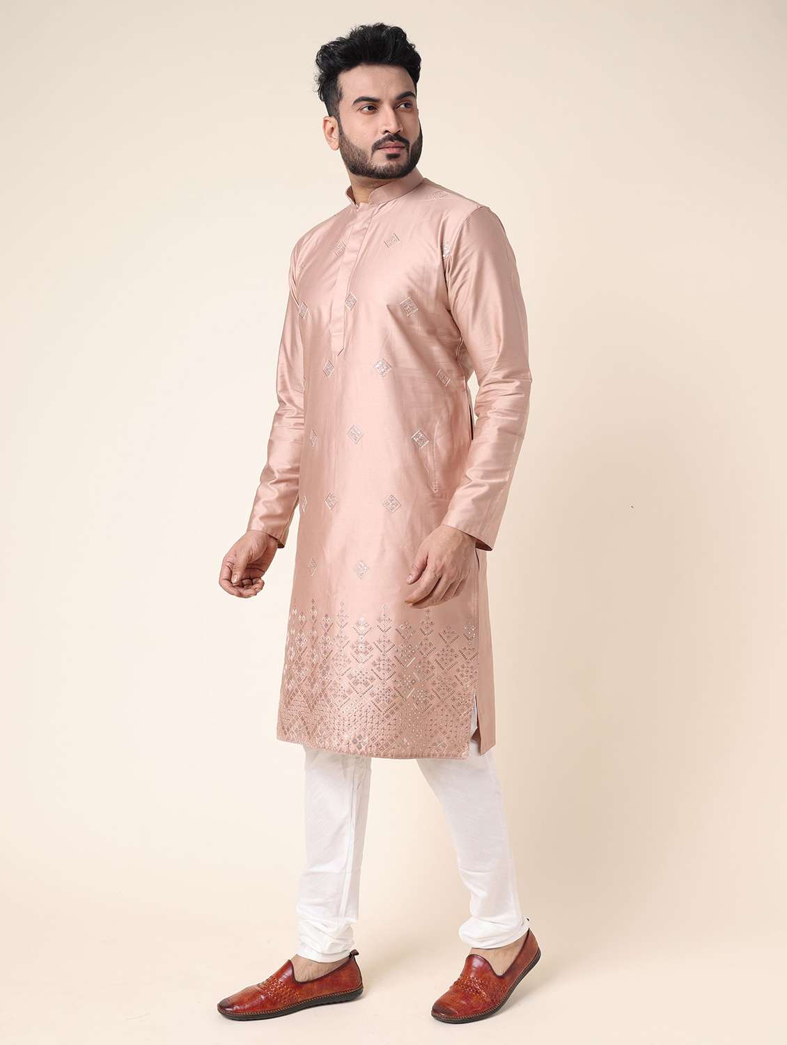 men solid with work long sleeve kurta churidar ethnic wear set - 22228008 -  Standard Image - 2
