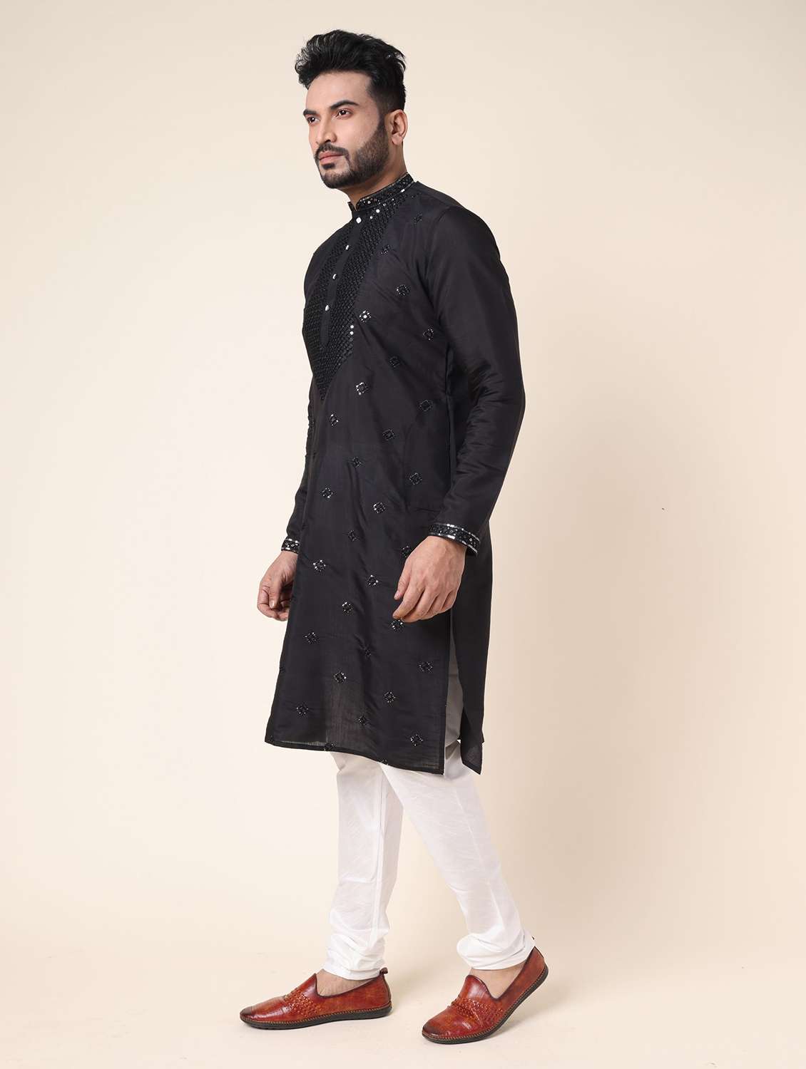 men solid with work long sleeve kurta churidar ethnic wear set - 22228016 -  Standard Image - 2
