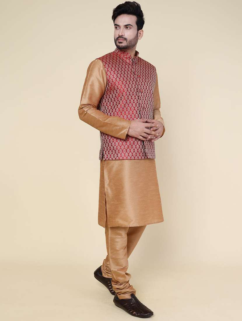 men solid mandarin neck kurta pyjama with jacket ethnic wear set - 22228019 -  Standard Image - 2