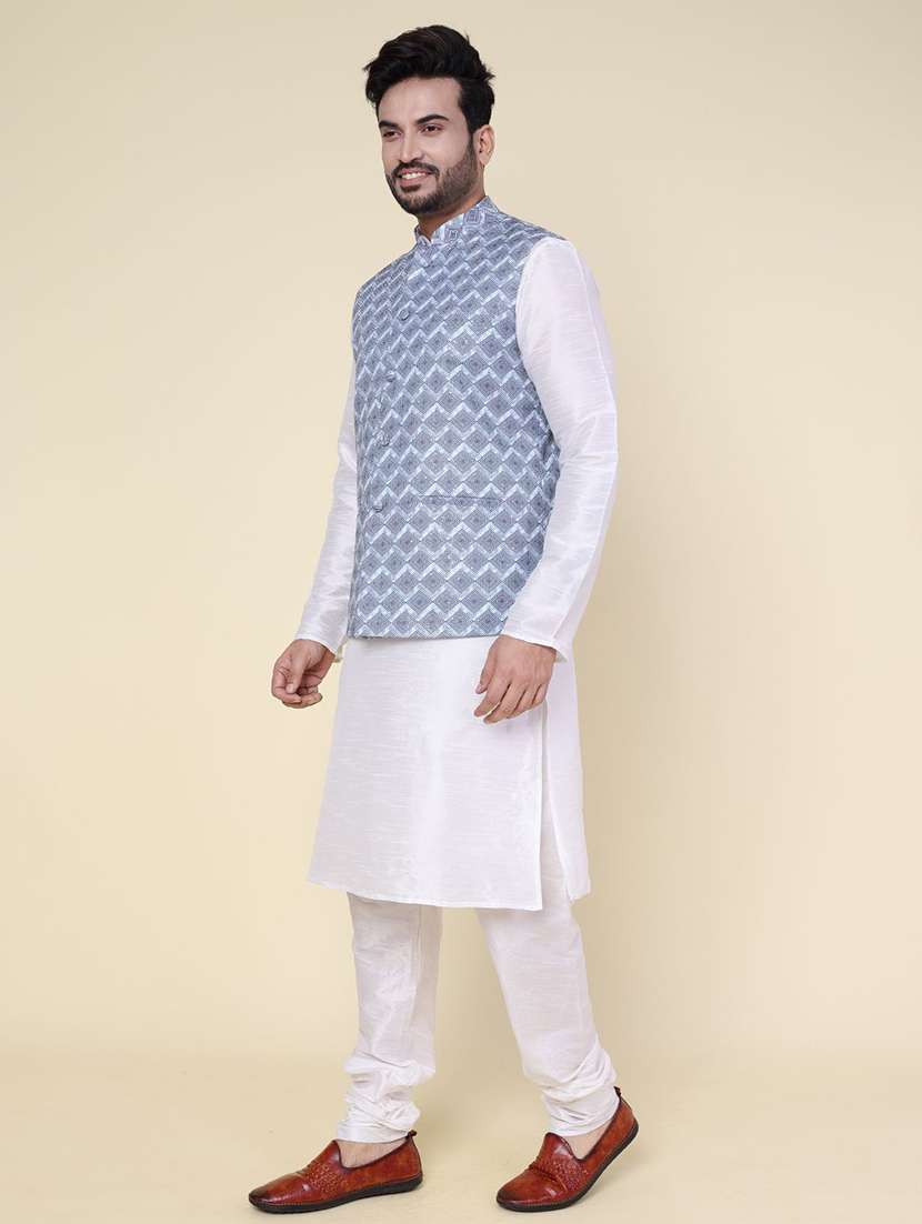 men solid mandarin neck kurta pyjama with jacket ethnic wear set - 22228021 -  Standard Image - 2