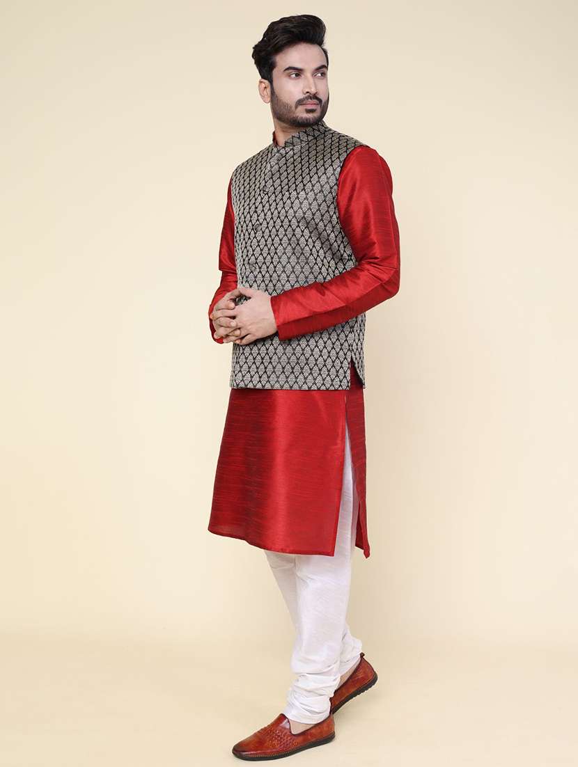 men solid mandarin neck kurta pyjama with jacket ethnic wear set - 22228023 -  Standard Image - 2