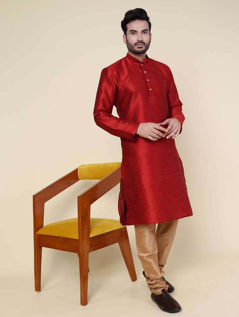 men solid long sleeve kurta churidar ethnic wear set