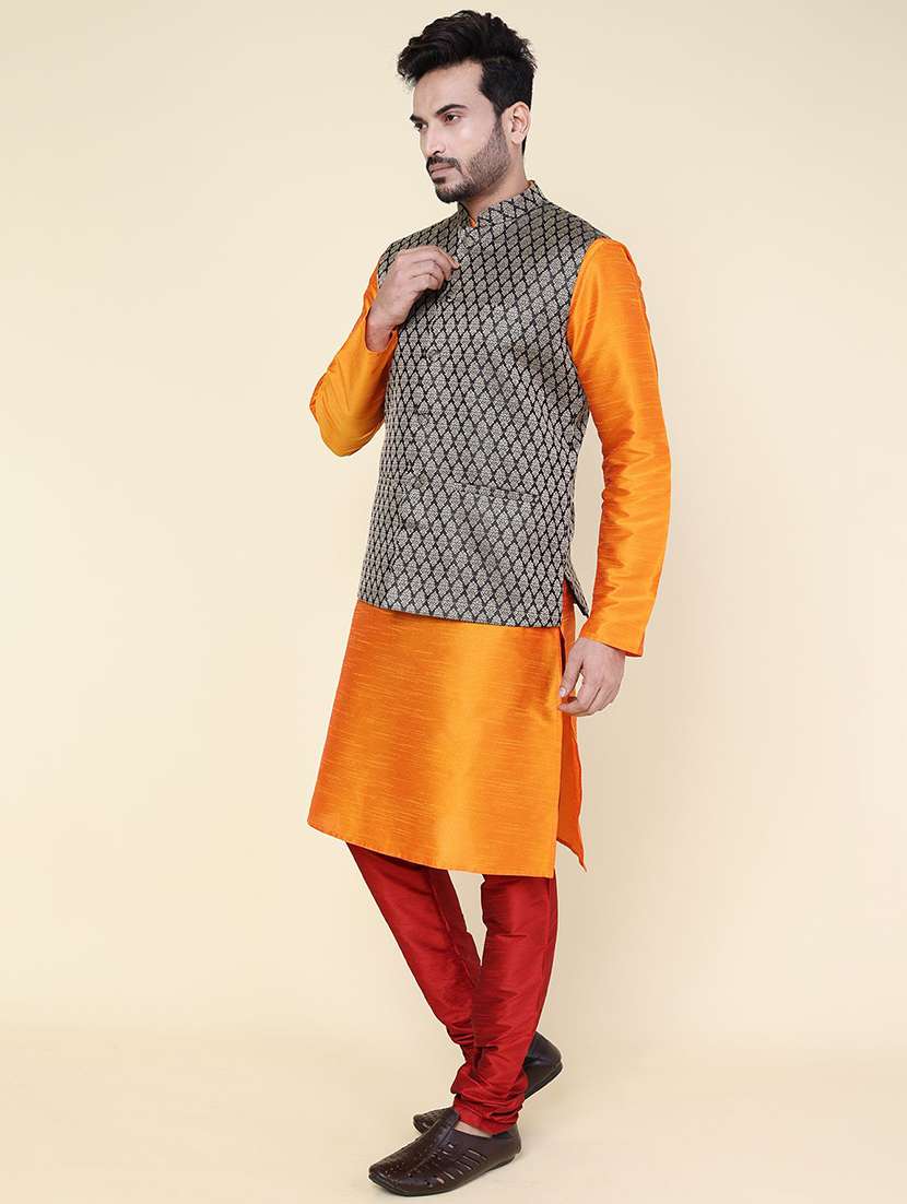 men solid mandarin neck kurta pyjama with jacket ethnic wear set - 22228029 -  Standard Image - 2