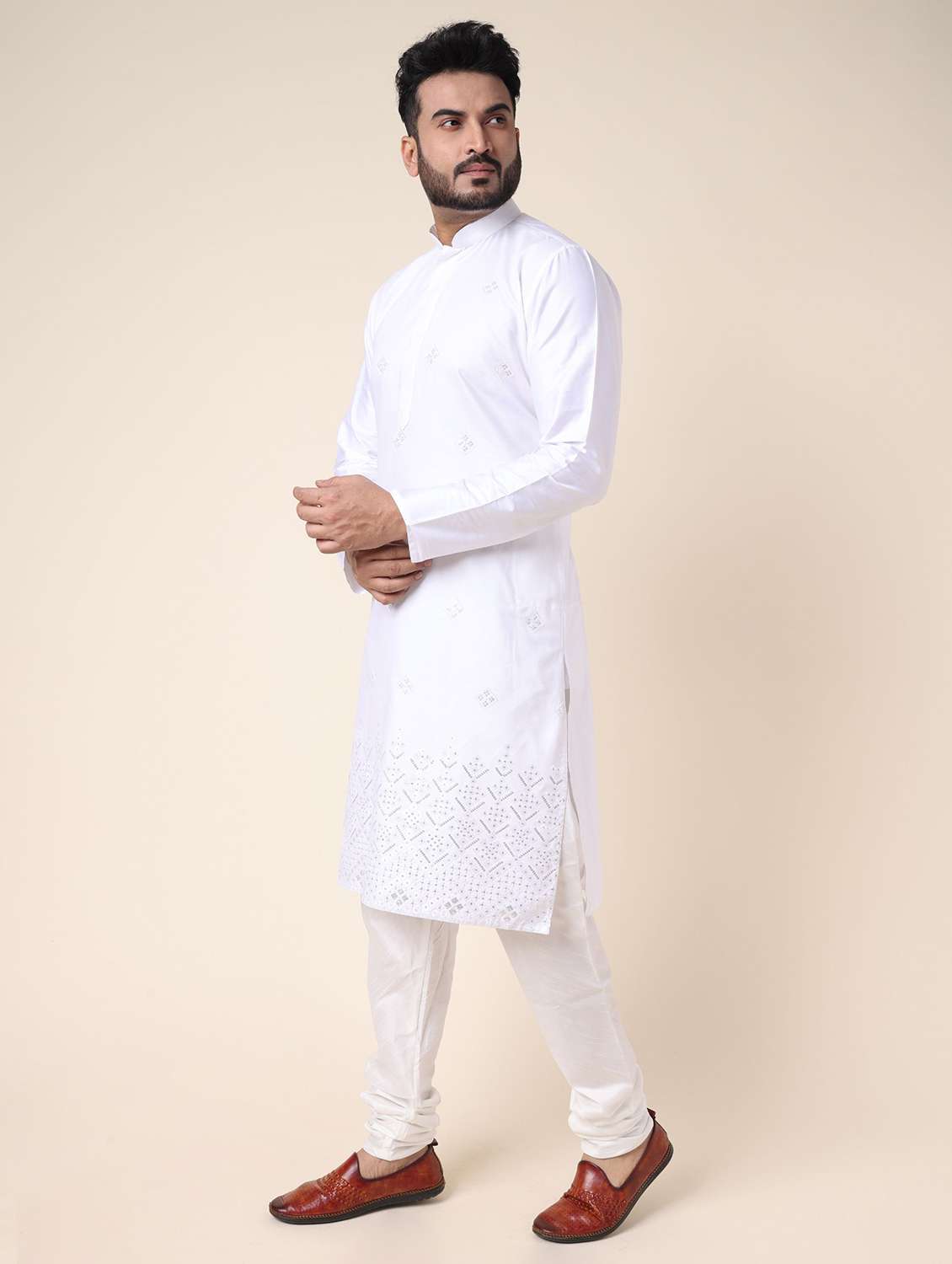 men solid with work long sleeve kurta churidar ethnic wear set - 22228030 -  Standard Image - 2
