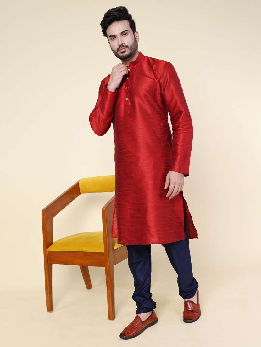 men solid long sleeve kurta churidar ethnic wear set