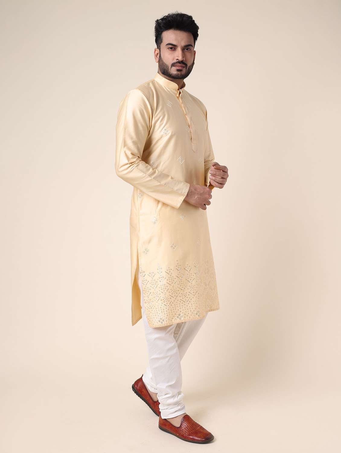 men solid with work long sleeve kurta churidar ethnic wear set - 22228033 -  Standard Image - 2