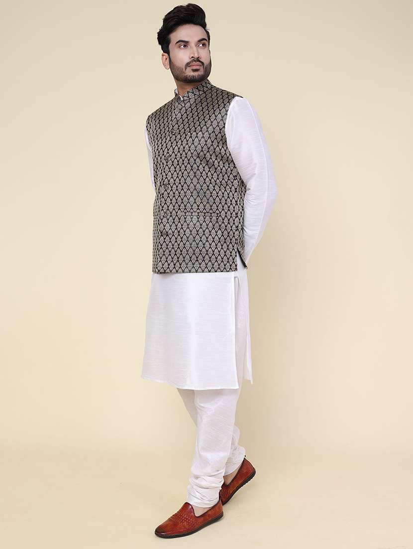 men solid mandarin neck kurta pyjama with jacket ethnic wear set - 22228034 -  Standard Image - 2