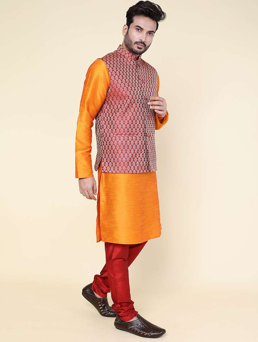 men solid mandarin neck kurta pyjama with jacket ethnic wear set - 22228036 -  Standard Image - 2