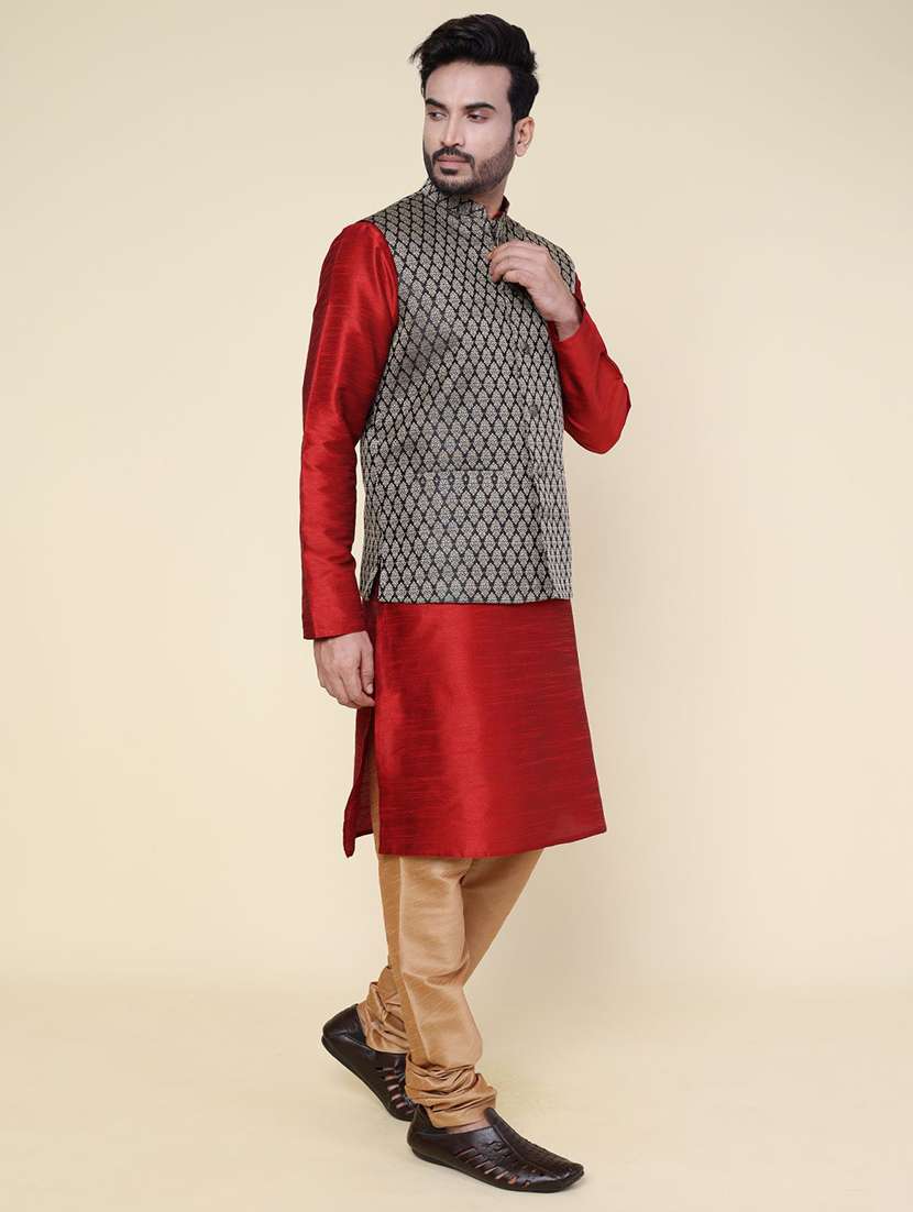 men solid mandarin neck kurta pyjama with jacket ethnic wear set - 22228039 -  Standard Image - 2