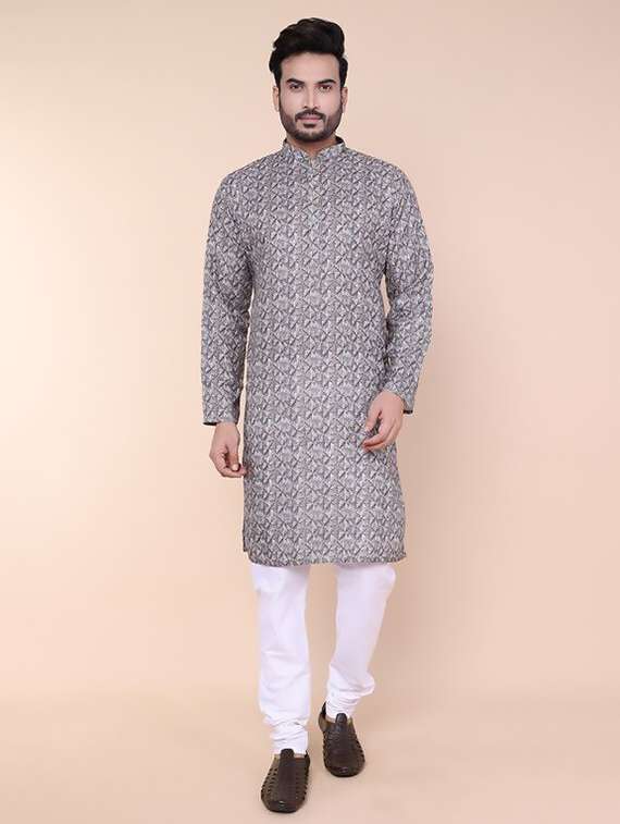 men printed mandarin neck kurta churidar set - 22228048 -  Standard Image - 2