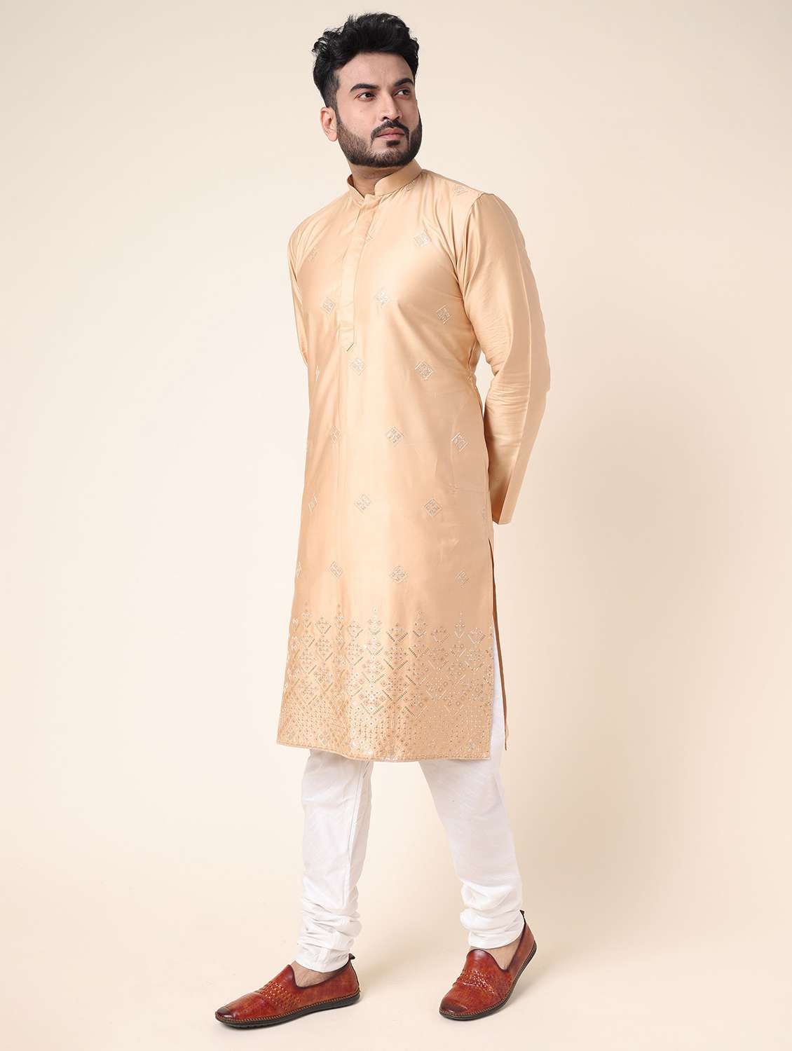 men solid with work long sleeve kurta churidar ethnic wear set - 22228052 -  Standard Image - 2