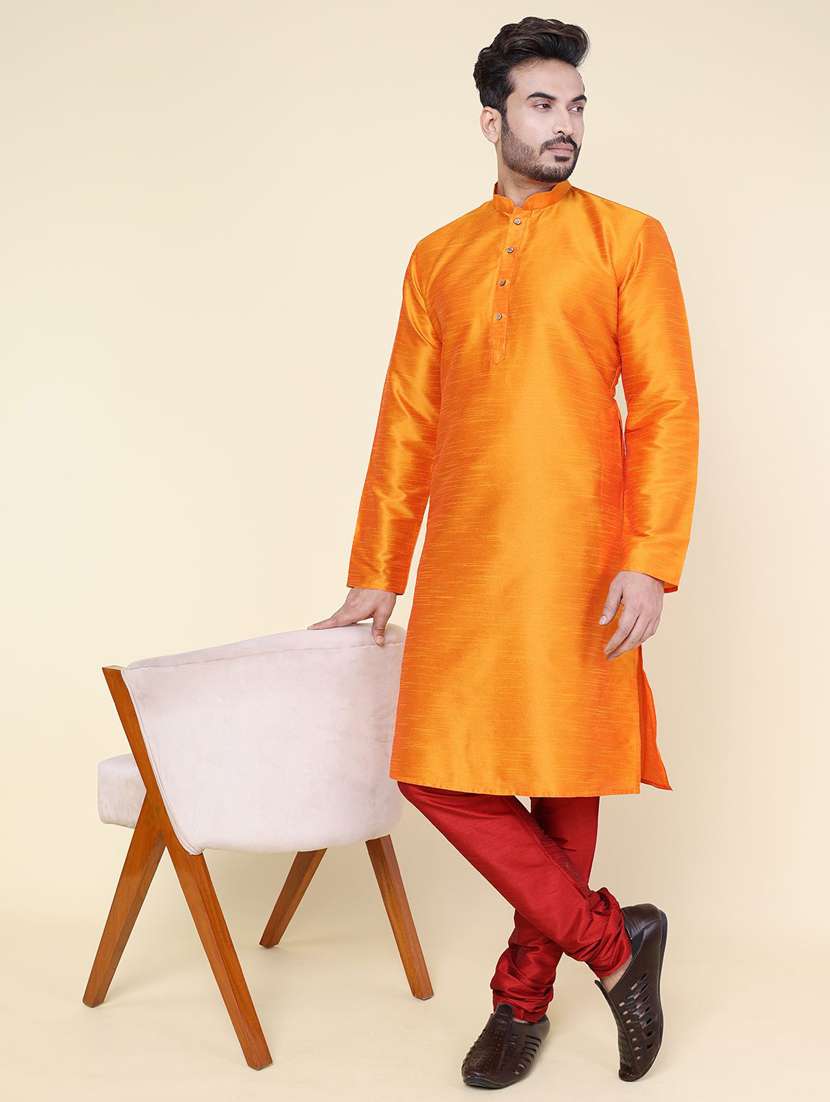 men solid long sleeve kurta churidar ethnic wear set