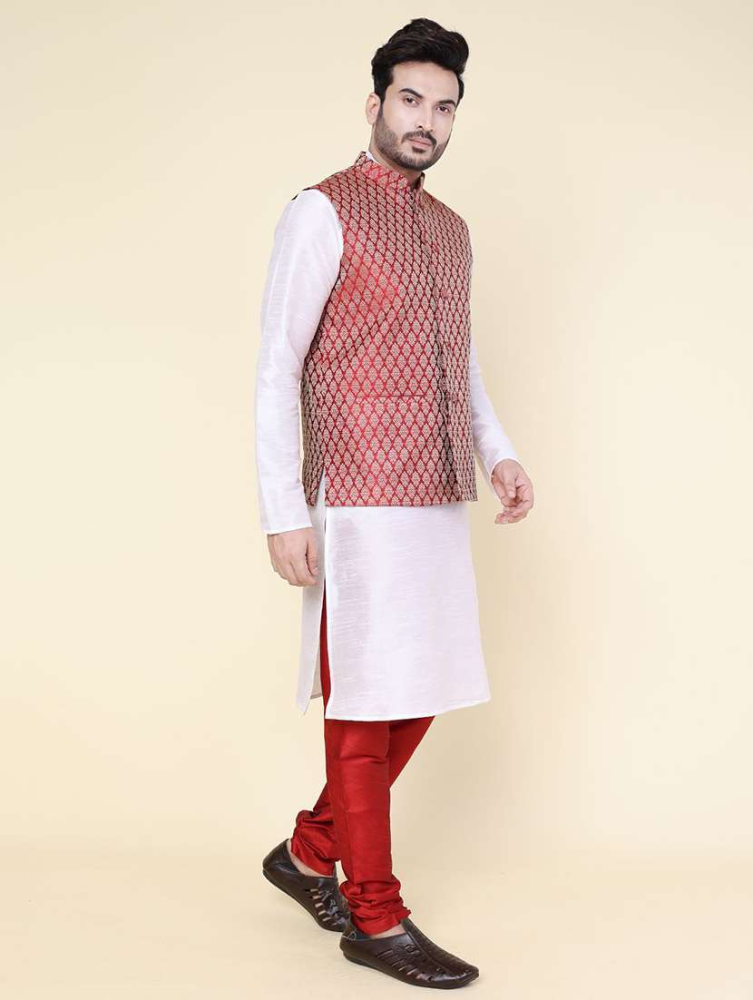 men solid mandarin neck kurta pyjama with jacket ethnic wear set - 22228059 -  Standard Image - 2