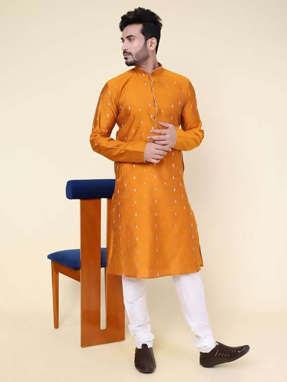 men self design mandarin neck kurta churidar ethnic wear set