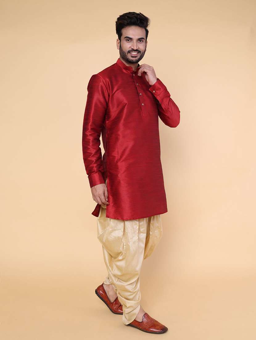 maroon silk blend dhoti kurta ethnic wear set - 22228076 -  Standard Image - 2