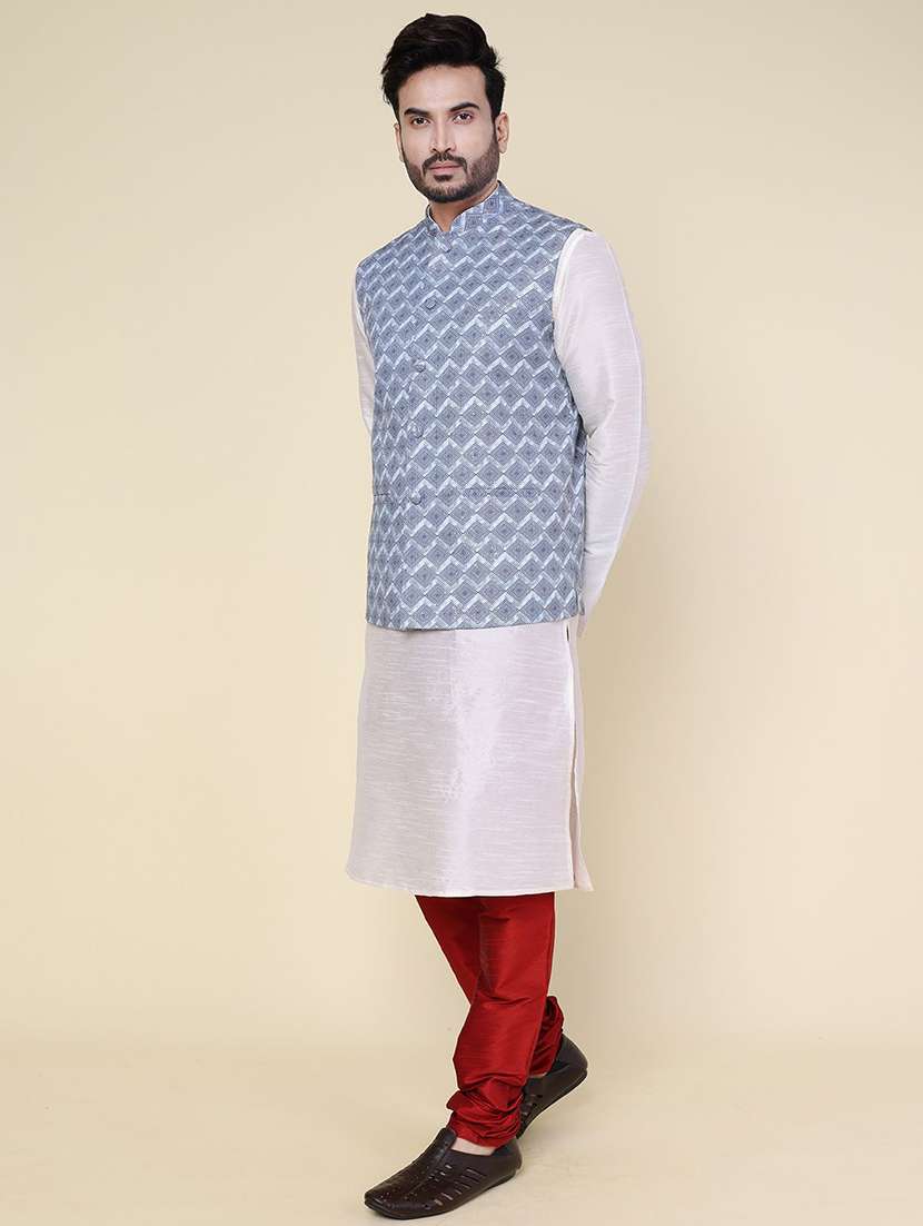 men solid mandarin neck kurta pyjama with jacket ethnic wear set - 22228081 -  Standard Image - 2