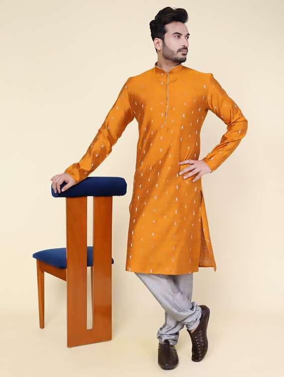 men self design long sleeve kurta churidar ethnic wear set