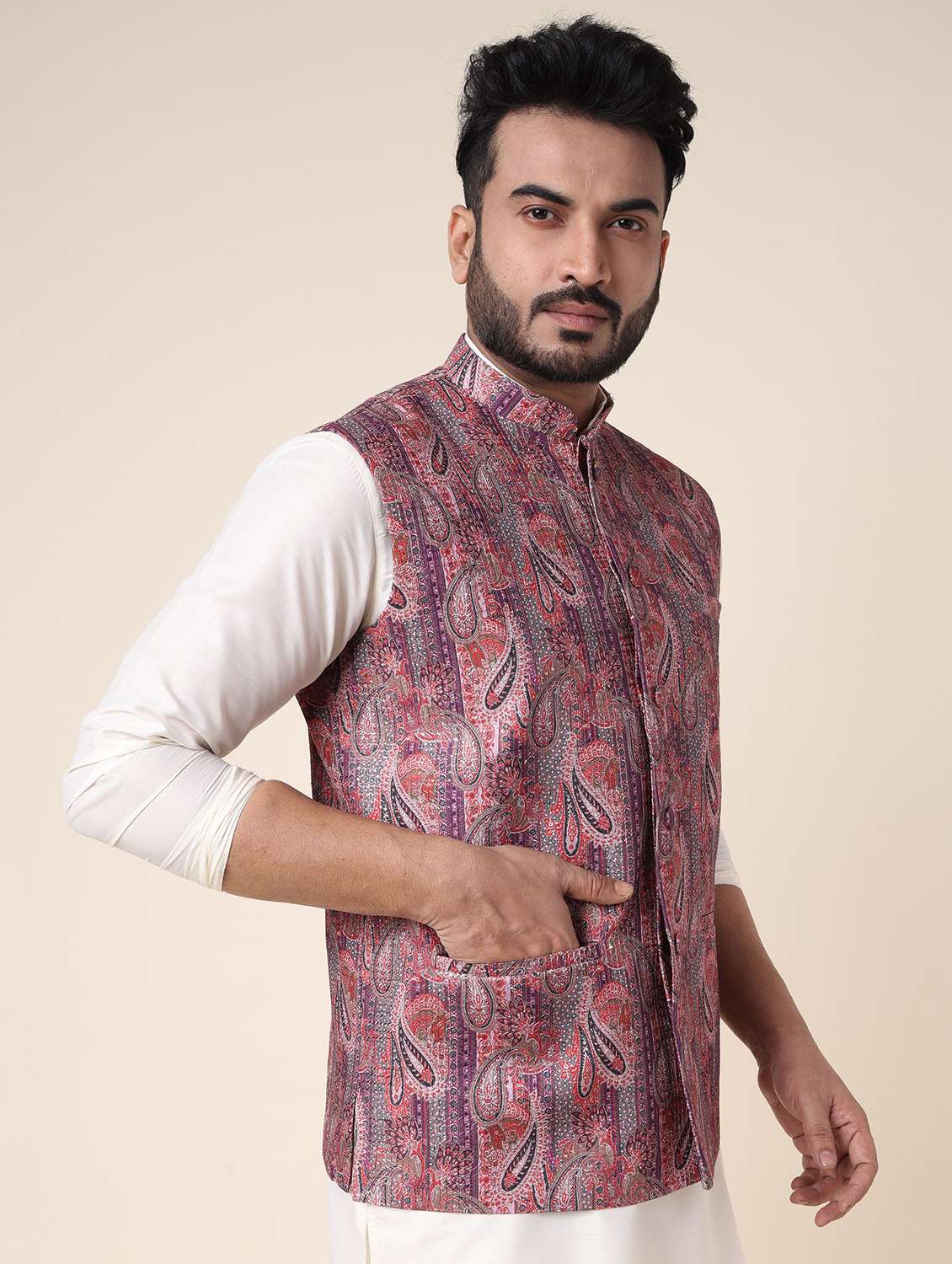 men solid mandarin neck kurta pyjama with jacket ethnic wear set - 22228089 -  Standard Image - 2
