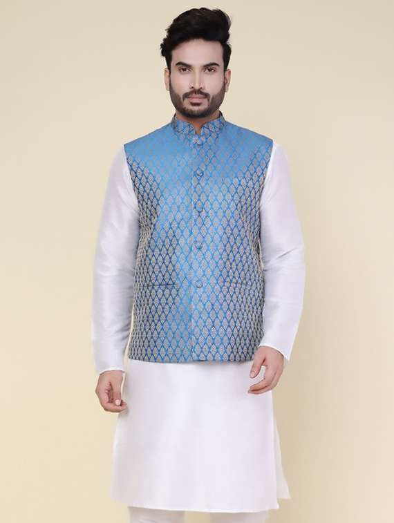 men self design mandarin neck regular fit nehru jacket