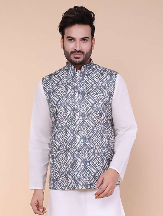 men printed mandarin neck regular fit nehru jacket