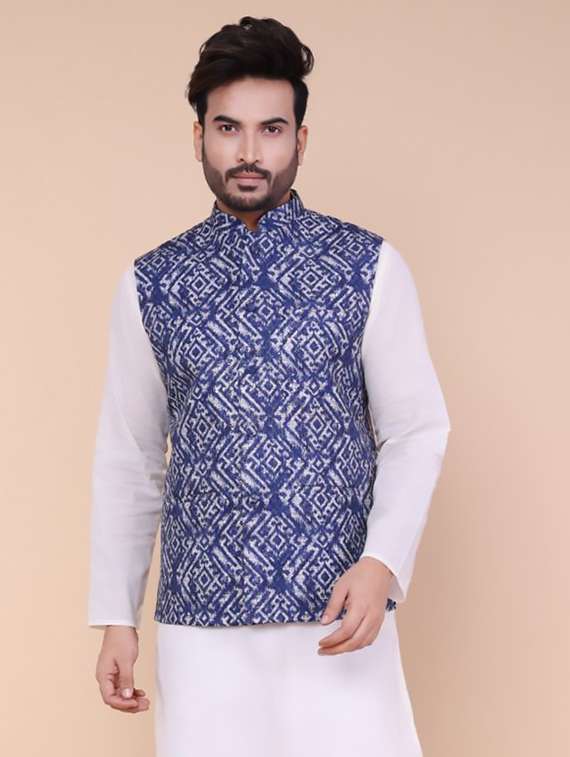 men printed mandarin neck regular fit nehru jacket