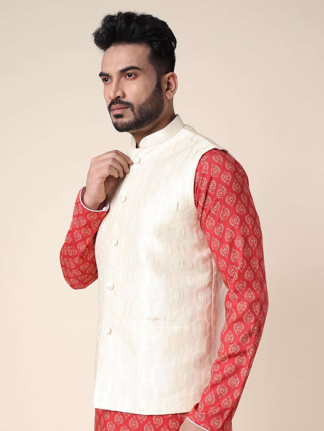 men self design mandarin neck regular fit nehru jacket