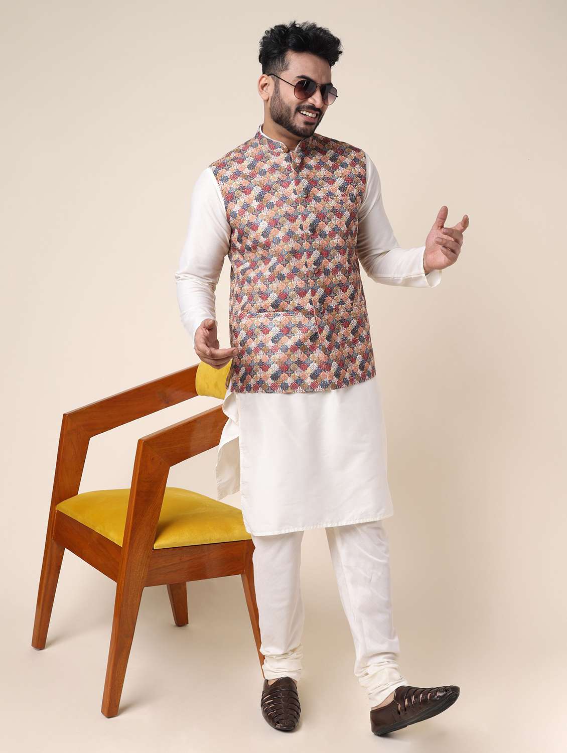 men printed mandarin neck regular fit nehru jacket - 22228100 -  Standard Image - 2