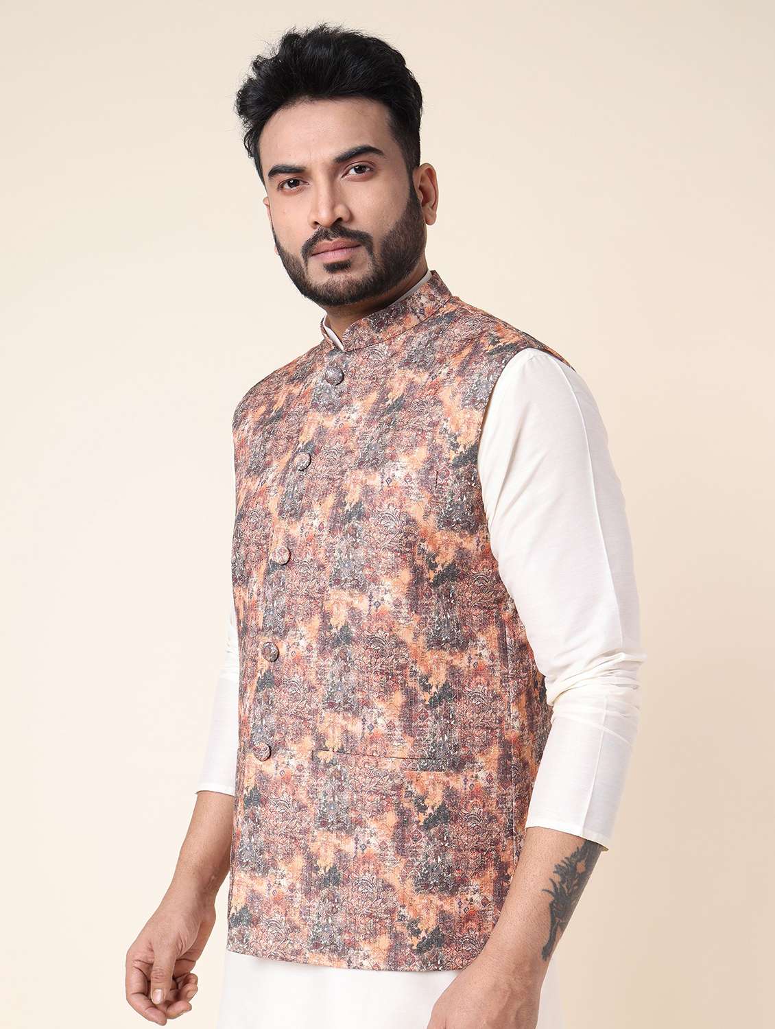 men printed mandarin neck regular fit nehru jacket