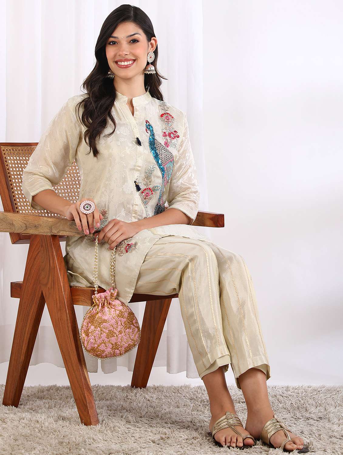 women self design three quarter sleeve ethnic co-ord set