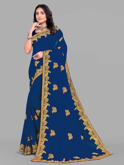 women solid with work embroidered saree with blouse - 22228380 -  Standard Image - 0
