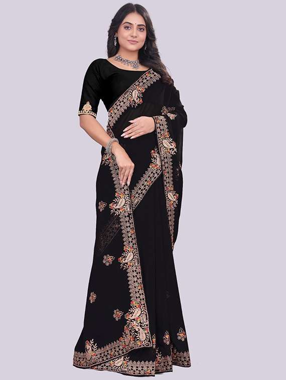 women solid with work embroidered saree with blouse
