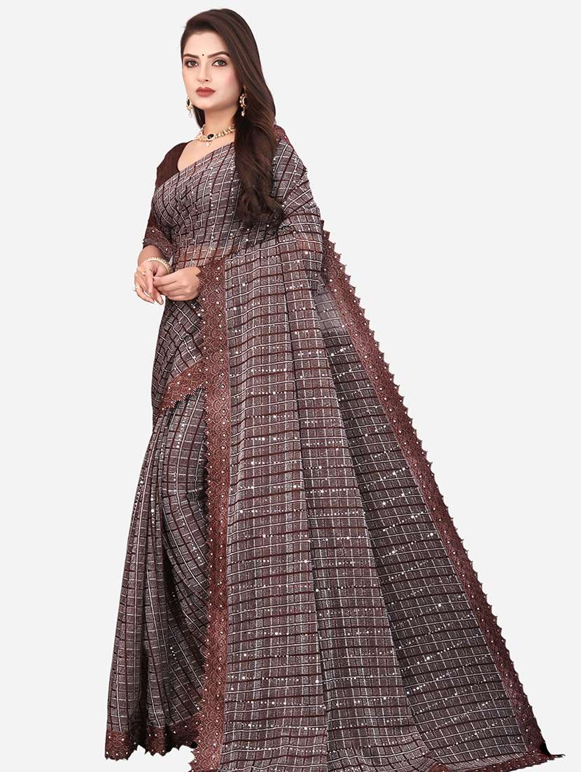 women checkered embellished saree with blouse - 22228405 -  Standard Image - 2