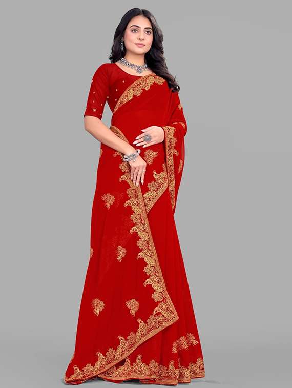 women solid with work embroidered saree with blouse