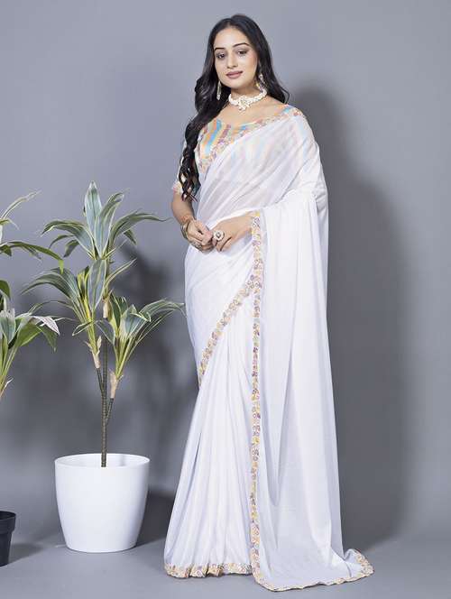 women solid with embellished bordered saree with blouse - 22228418 -  Standard Image - 0