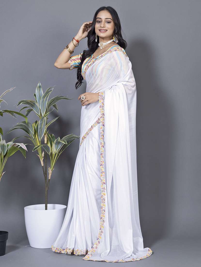 women solid with embellished bordered saree with blouse - 22228418 -  Standard Image - 2