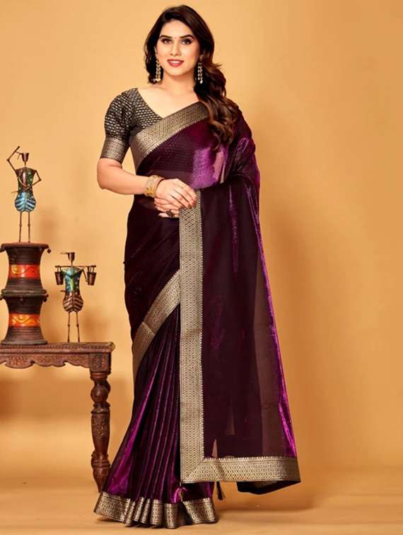 purple lycra blend printed saree with blouse