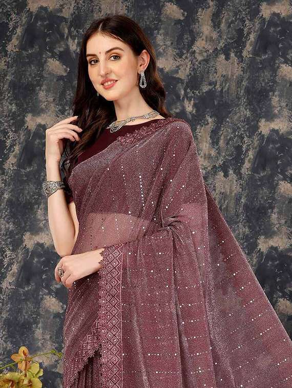 maroon lycra blend printed saree with blouse - 22228559 -  Standard Image - 2