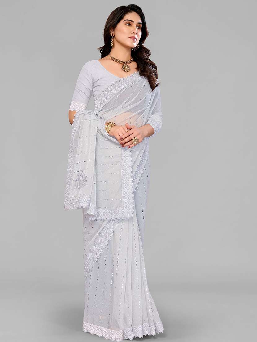 white lycra blend printed saree with blouse - 22228562 -  Standard Image - 2