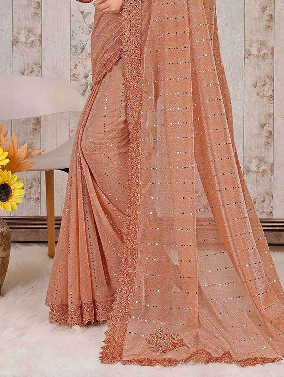 orange lycra blend printed saree with blouse - 22228564 -  Standard Image - 2