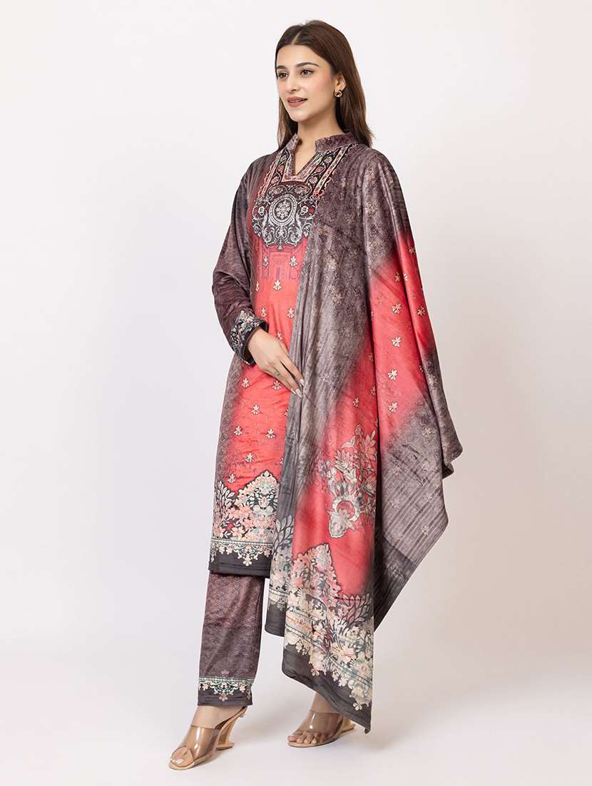 women printed long sleeve woolen kurta and pant set with dupatta - 22228681 -  Standard Image - 2