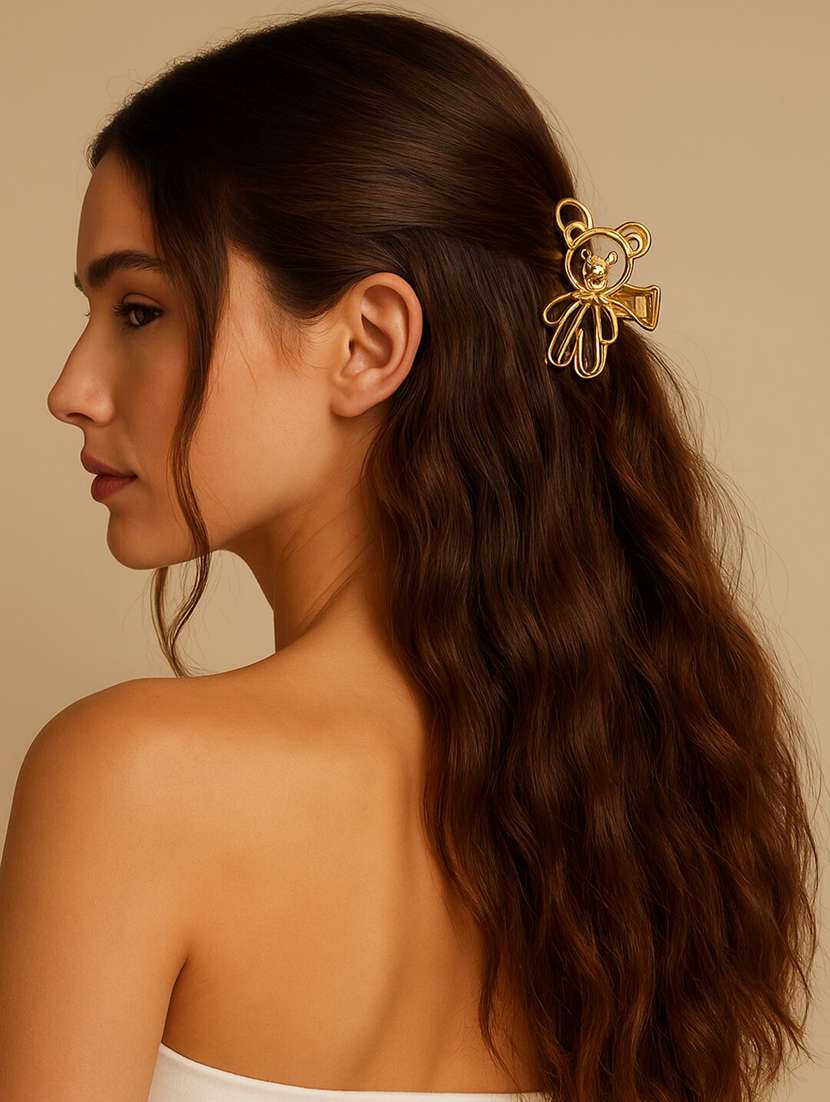 women golden teddy bear pearl accent hair claw for women