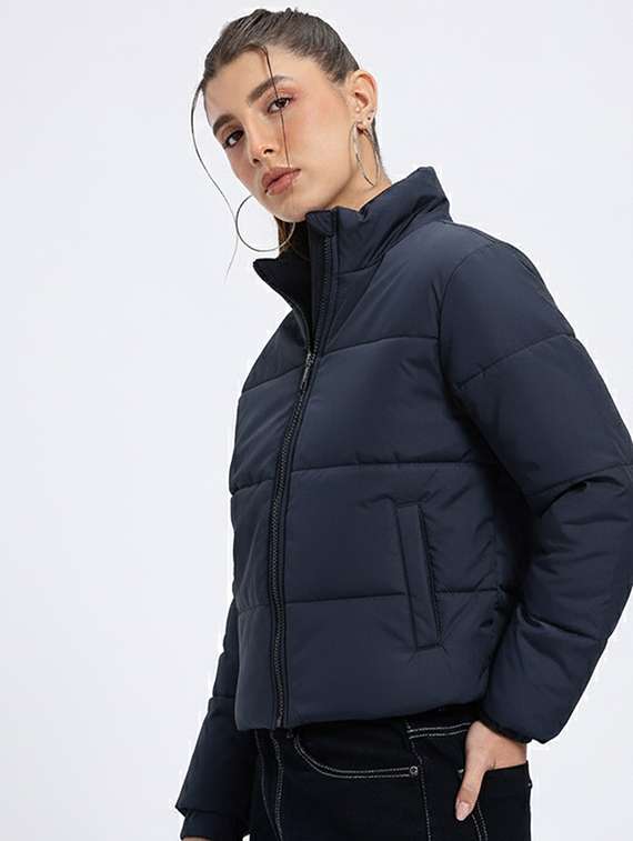 women solid stand collar long sleeve quilted jacket