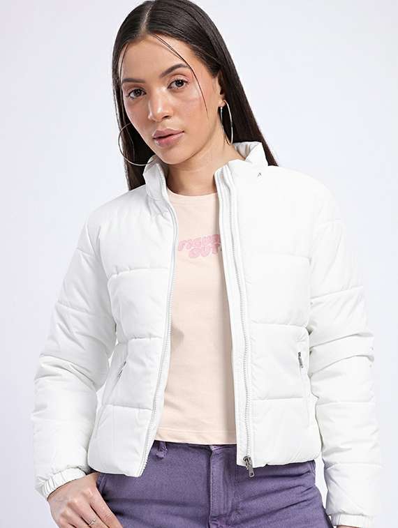 women solid stand collar long sleeve quilted jacket