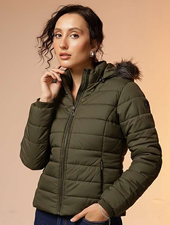 women solid long sleeve hooded quilted jacket